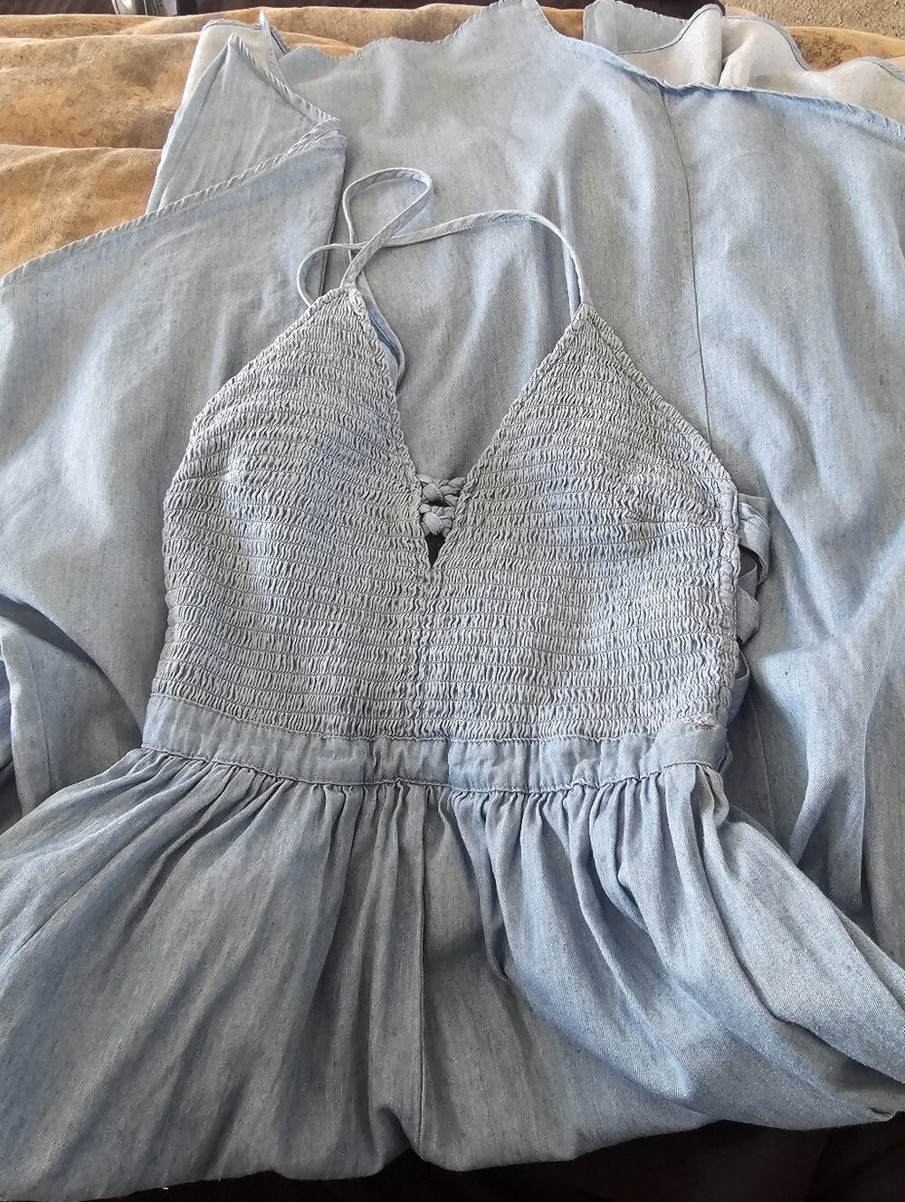 GB Smocked 100% Cotton Chambray Maxi Dress Blue Sz. Small Free People Vibe